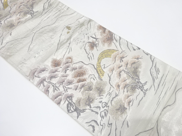 JAPANESE KIMONO / ANTIQUE FUKURO OBI / SILK / WOVEN TEMPLE SCENERY